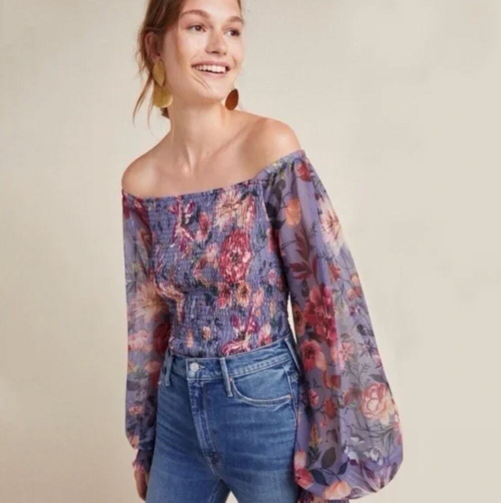 ANTHROPOLOGIE Rouen Smocked Square Neck Top Purple Floral Small S